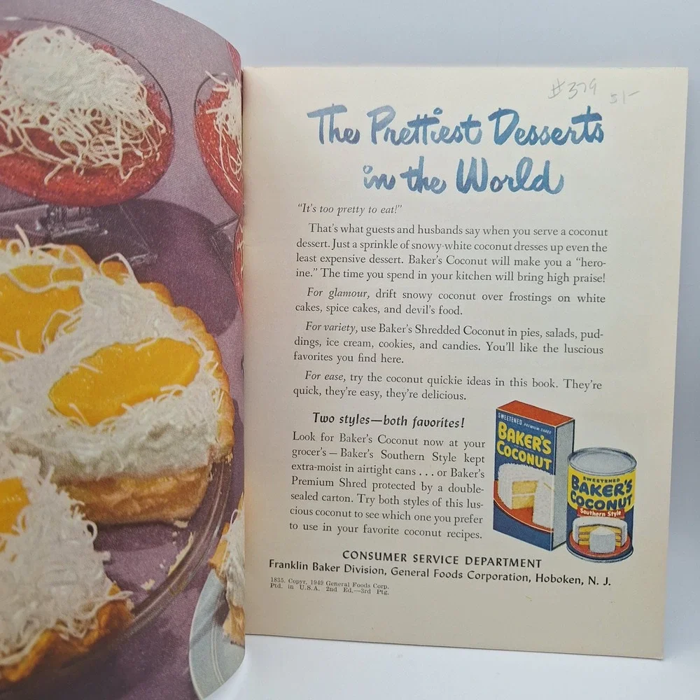 Vintage 1949‎ Bakers Coconut Glamour Desserts Recipe Booklet 1940s Cook Book